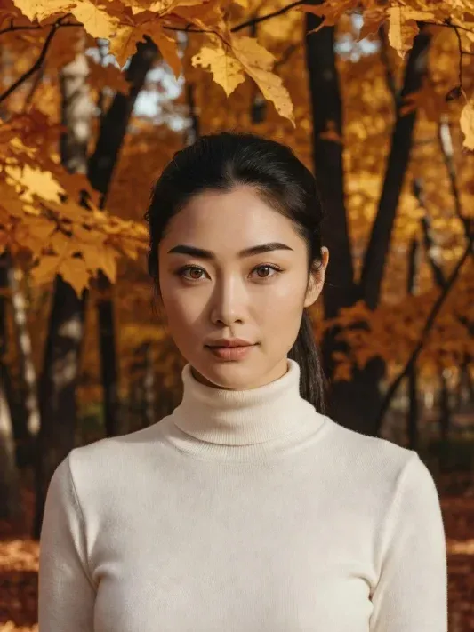 紅葉の森で白いタートルネックを着たEmma(33歳)