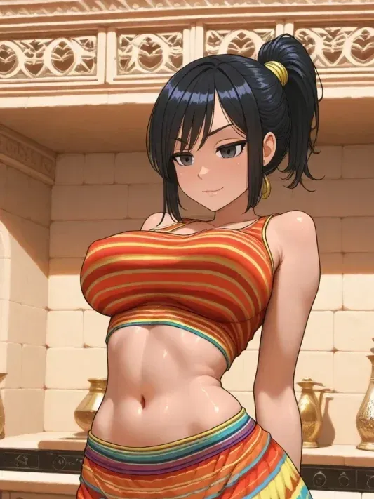 ボーダーのトップスとカラフルなスカート姿のアニメ調キャラクター、Halima(26歳)